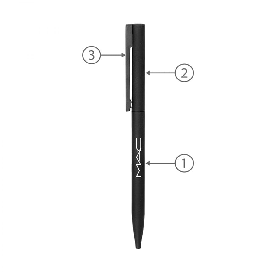 A black metal ballpoint pen featuring a sleek design and a clip, with branding visible.