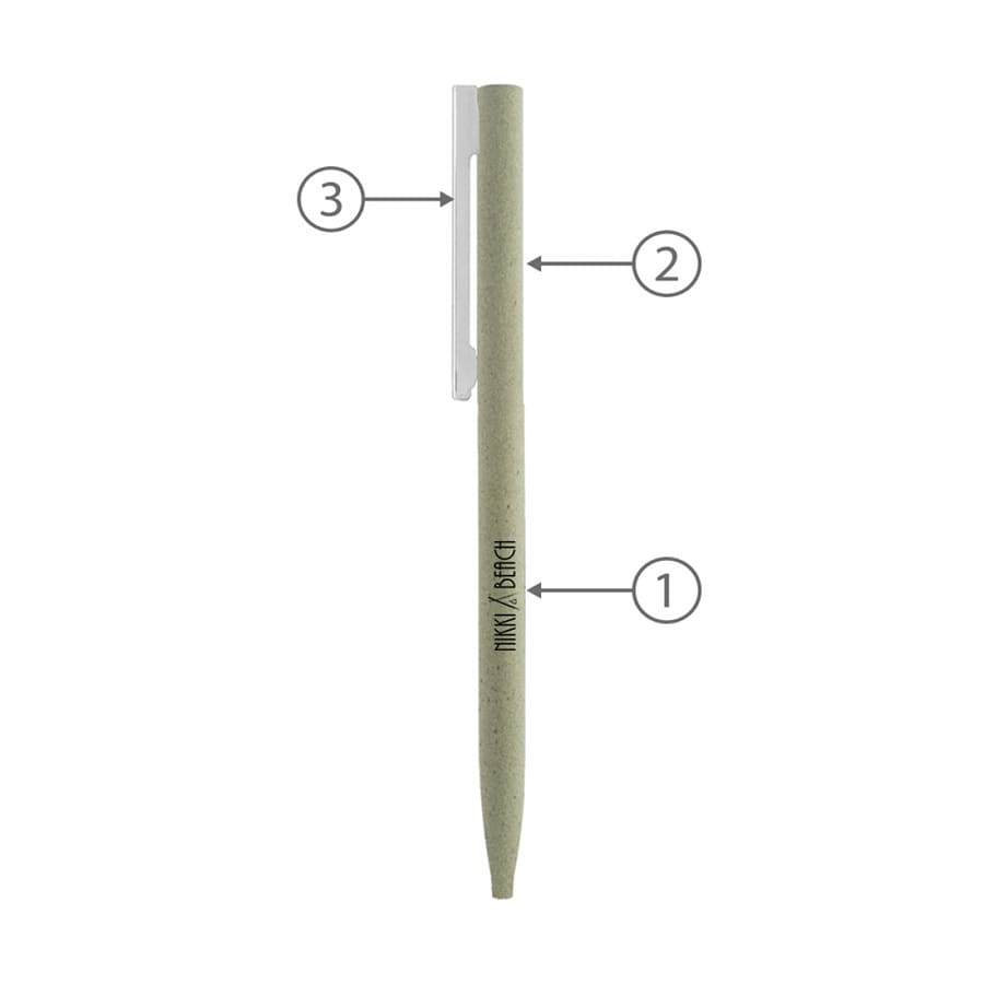 A slim green metal ballpoint pen with a silver clip, featuring a simple design and a logo.
