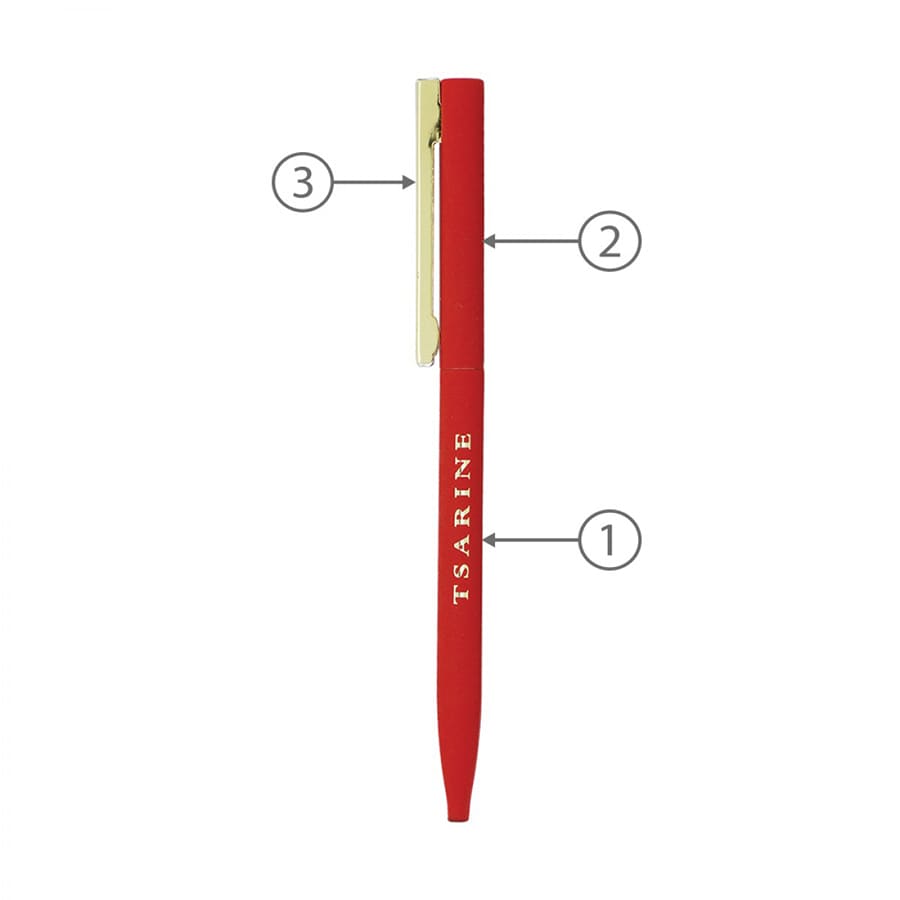 A red metal ballpoint pen with a gold clip and branding, featuring a sleek design.