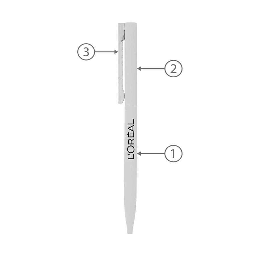 A thin twist metal ball pen in white, featuring a clip and logo branding.