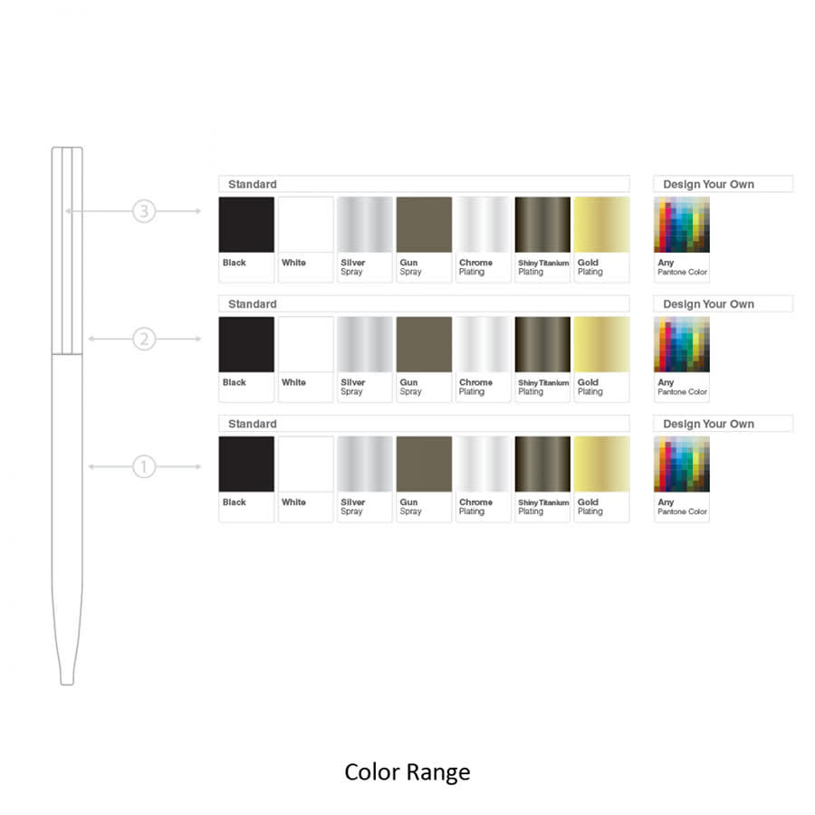 A thin twist metal ball pen available in various colours including black, white, silver, and gold, with a logo.