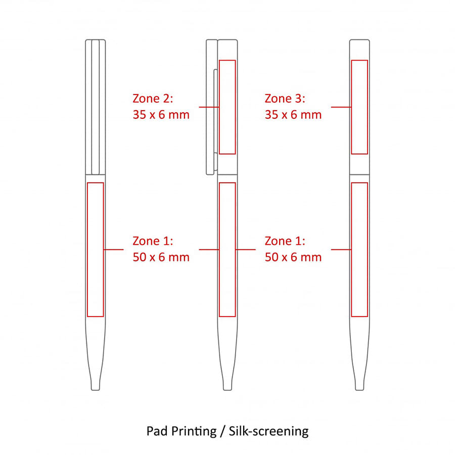 A schematic outline of a thin twist metal ball pen featuring zones for pad printing and silk-screening.