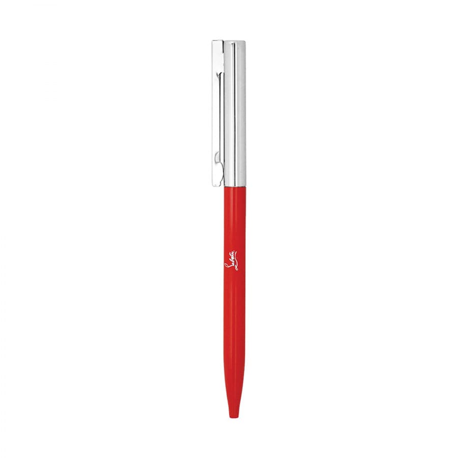 A red metal ballpoint pen with a shiny silver clip and a branding logo.