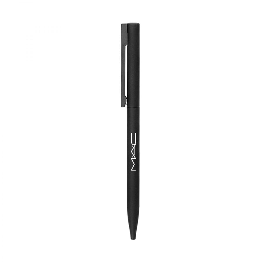 A thin black metal ballpoint pen with a clip and a logo on the side.