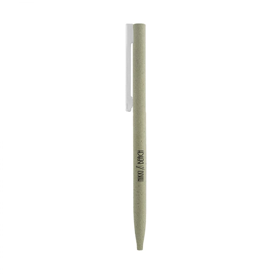 A thin twist metal ball pen in a soft green hue with a silver clip and branding.