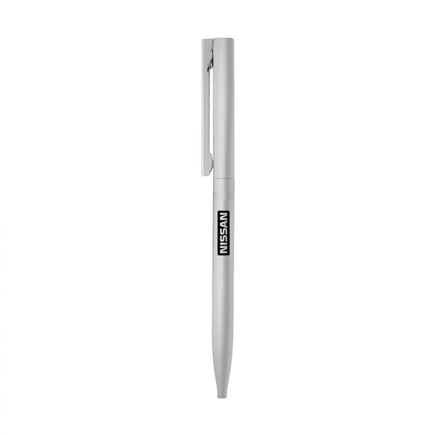 A thin twist metal ball pen in silver, featuring a logo on the side.