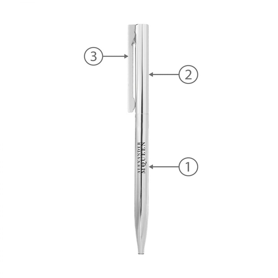 A thin twist metal ball pen in silver colour featuring a clip and branding.