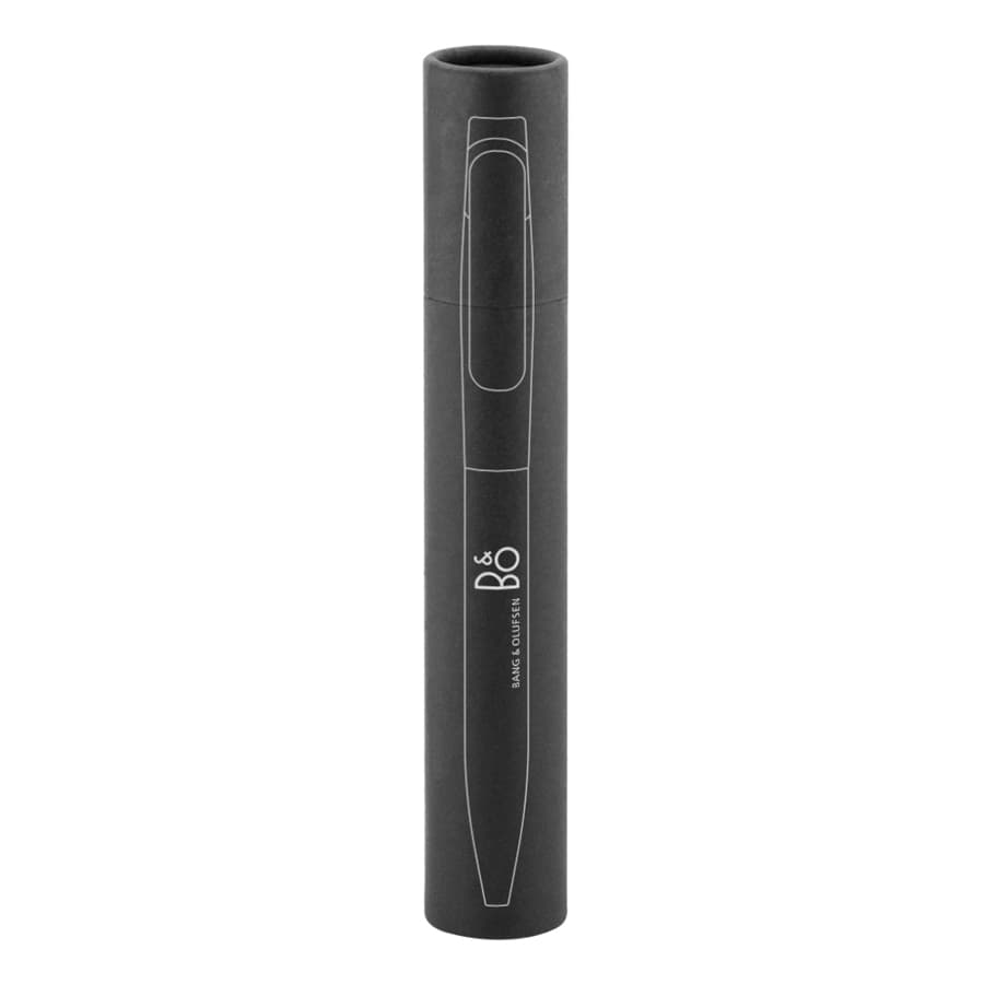 A metal pen in a sleek black casing with a cylindrical tube packaging. The pen features a minimalist design and has a logo.