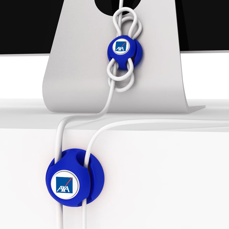 A blue cable manager with an attached logo, holding multiple cables neatly in place on a surface.