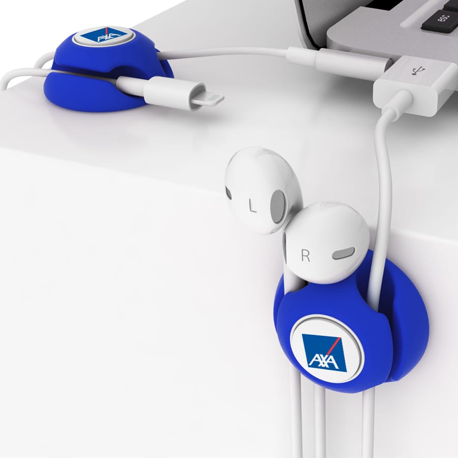 A blue cable manager holding white earbuds and a charging cable, featuring a logo.