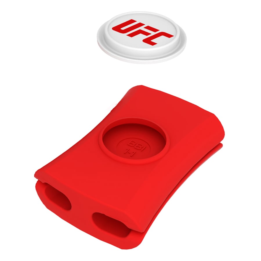 A red cable manager designed for tidying cords, featuring a circular logo above it.