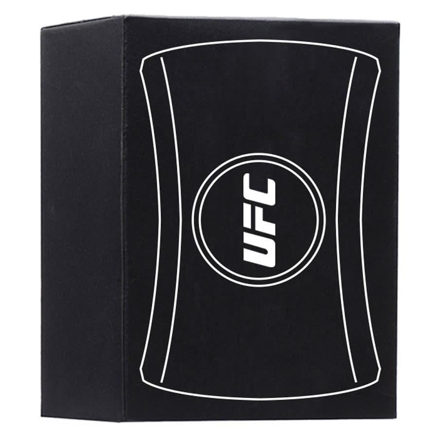 A black box featuring a circular logo with a white outline and branding, designed for a promotional product.