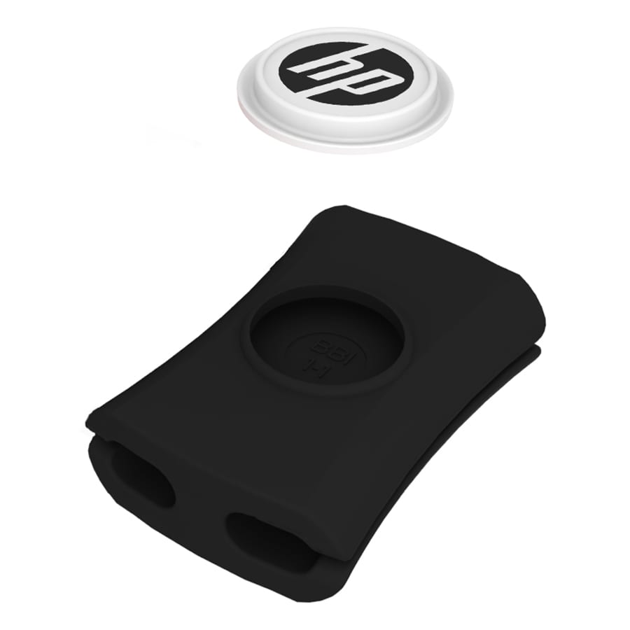 A black cable manager with a round white logo on top. The product has slots for organizing cables.