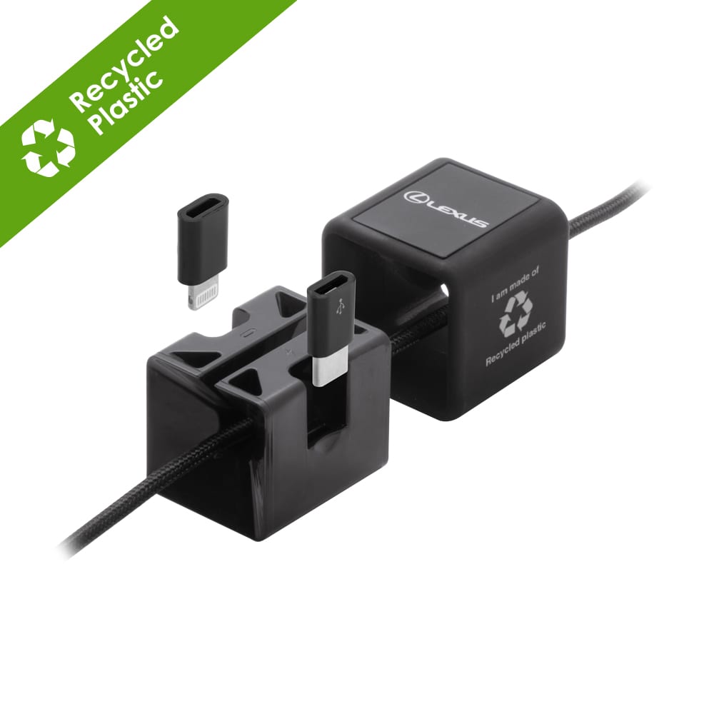 A black charging cable made from recycled plastic with interchangeable connectors. It features a logo on one end.