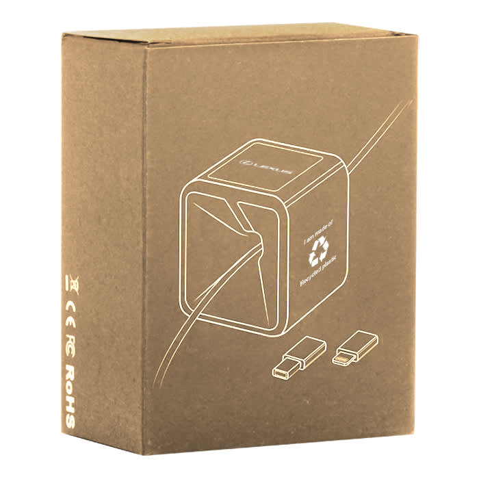 A brown packaging box containing a charging cable with USB connectors, featuring a recycling symbol and included branding.