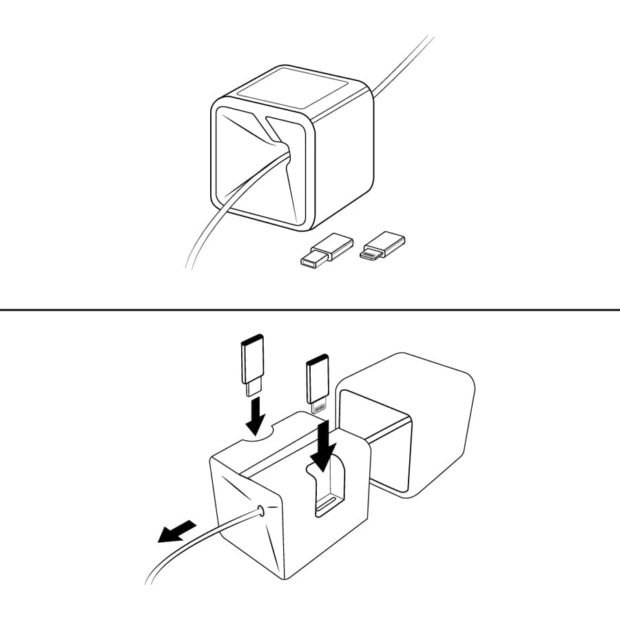 A zinc charging cable with a square connector and two interchangeable ends, displayed in a simple line drawing style.