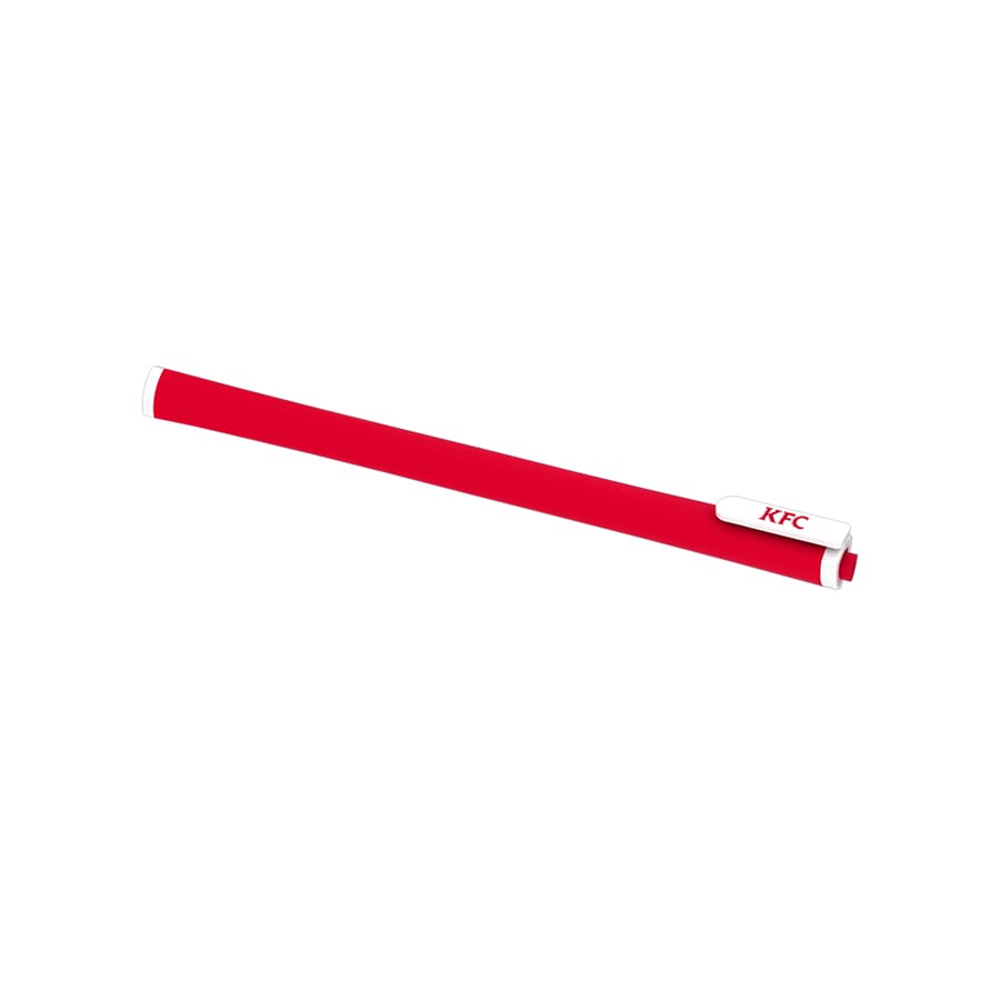 A red earbud organiser with a white clip. Features a logo on the clip. Designed for keeping cables tidy.