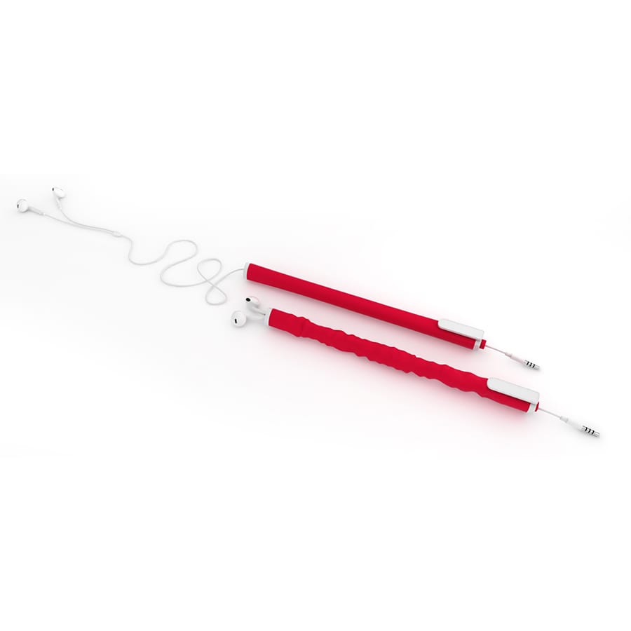 A red earbud organiser with two sections and connected earbuds, designed to keep cables tidy.