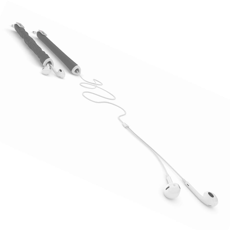 A black earbud organiser with white earbuds and cables, featuring a sleek and minimal design.