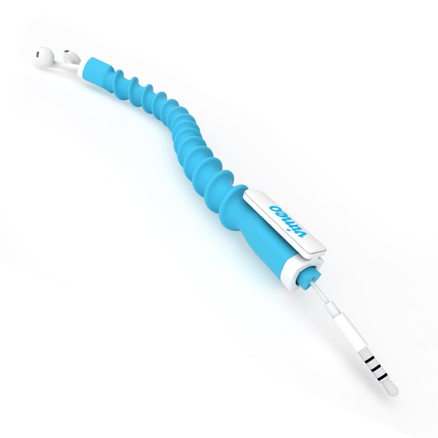 A blue earbud organiser with a wavy design and a logo, featuring a section for earbuds and a 3.5mm jack.