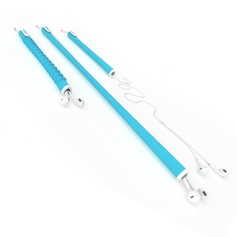 A turquoise earbud organiser featuring three sections for tidy cable management, with attached earbuds.
