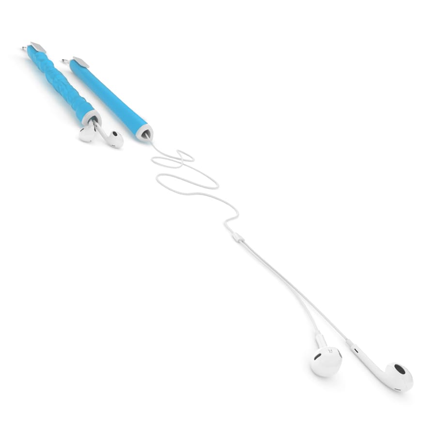 A blue earbud organiser with two grips and a white cord attached to earbuds, featuring a logo.