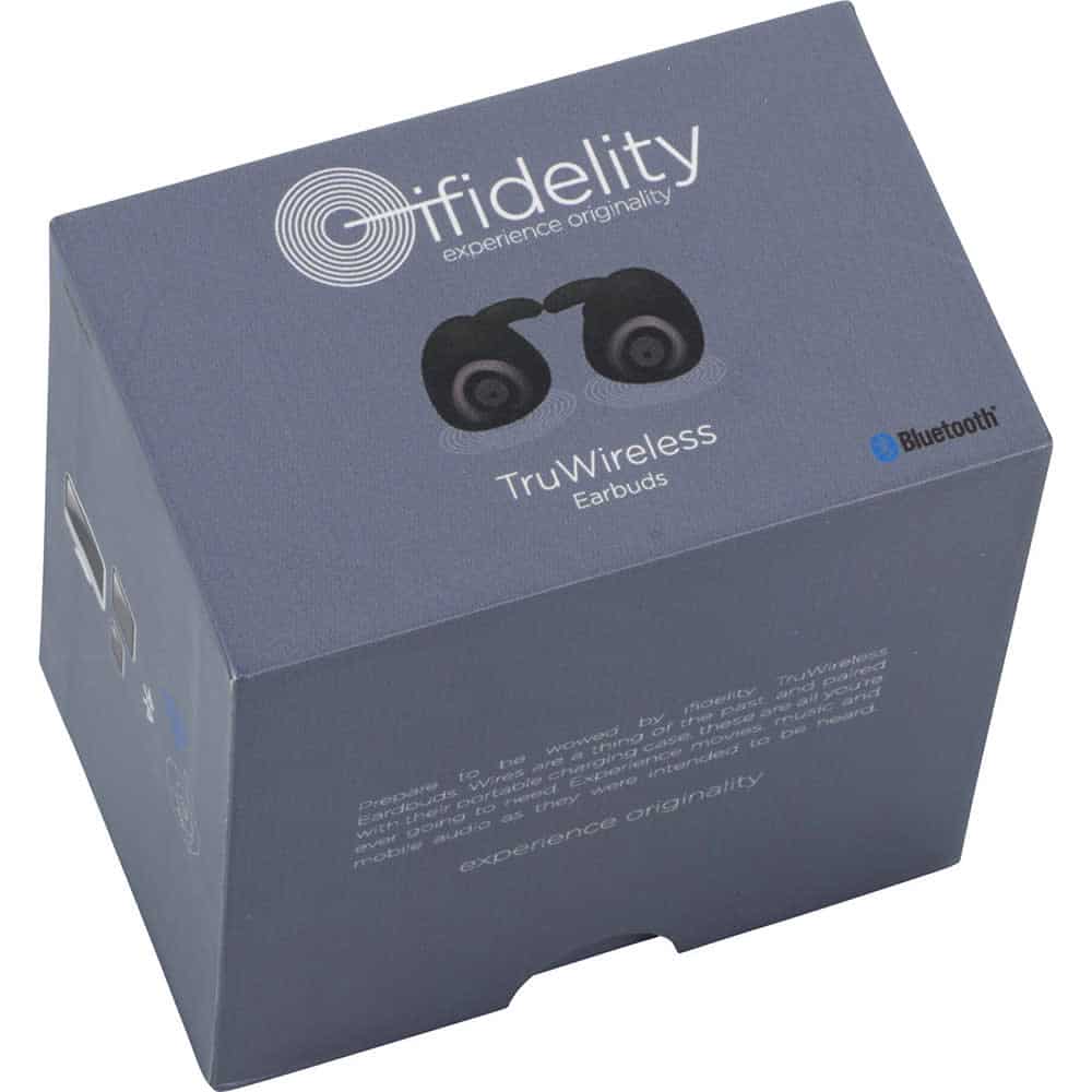 A navy blue box containing True Wireless Bluetooth Earbuds with a logo and graphic design on the front.