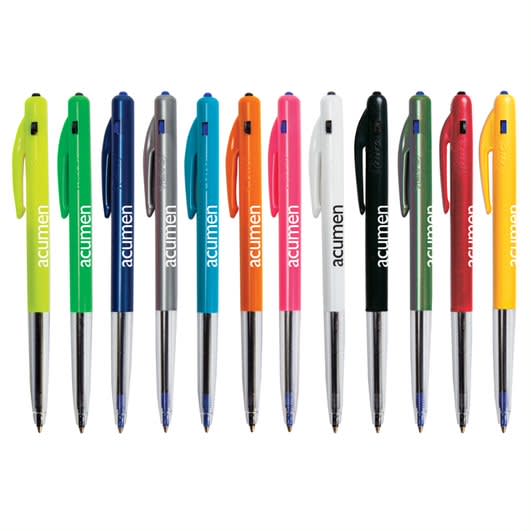 A row of clicked plastic pens in various colours, including green, blue, orange, white, black, and red, featuring logos.