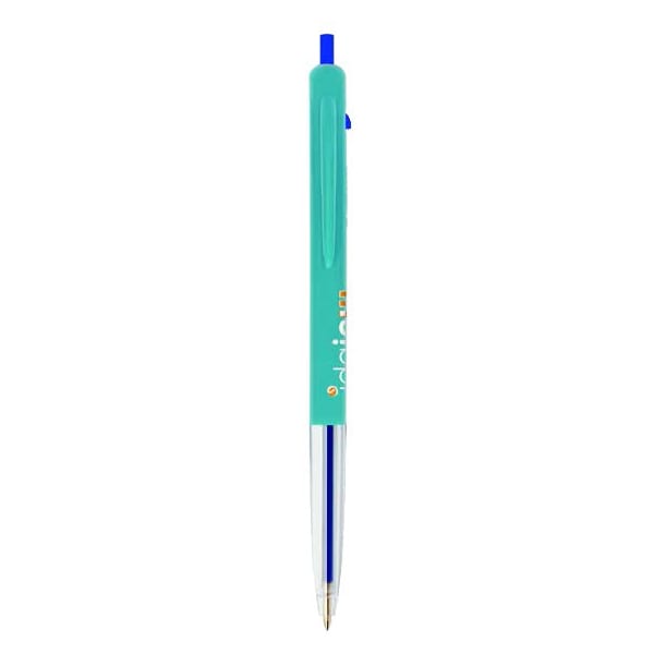A turquoise plastic pen with a blue ink refill and a clip, featuring a logo.
