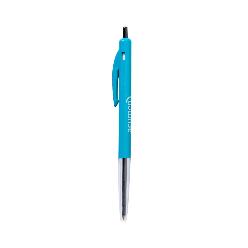 A turquoise plastic pen with a black ink tip and a clip. The pen features a logo on its body.