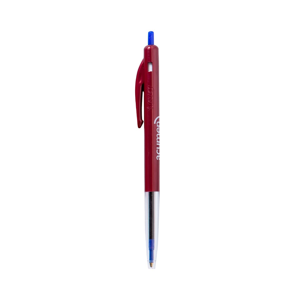 A red plastic pen with a clear barrel and blue ink, featuring a logo on the side.