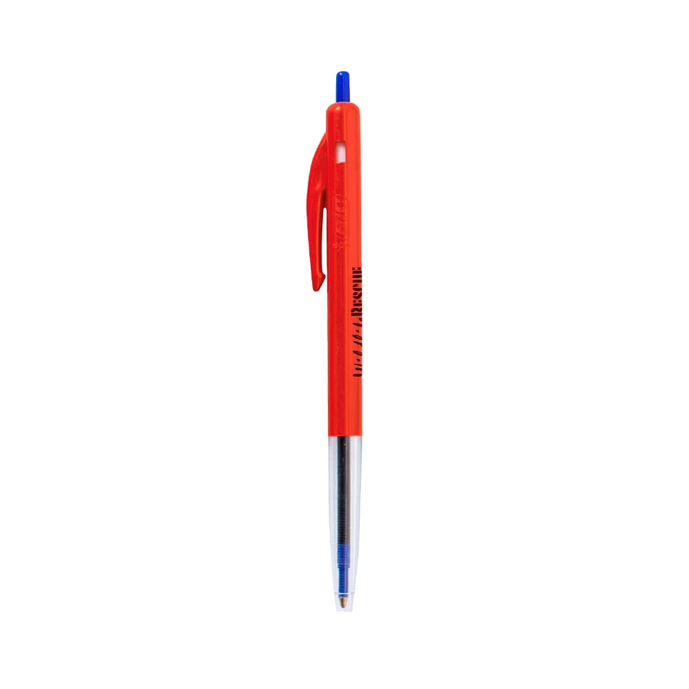 A red plastic pen with a blue ink tip and a clip, featuring a branding logo.
