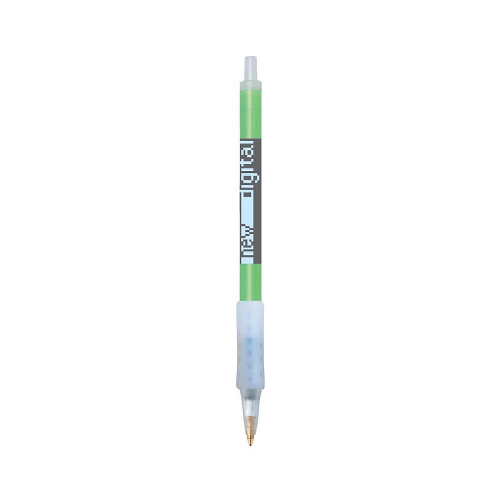 A green and clear plastic pen with a grip, featuring a branding logo.