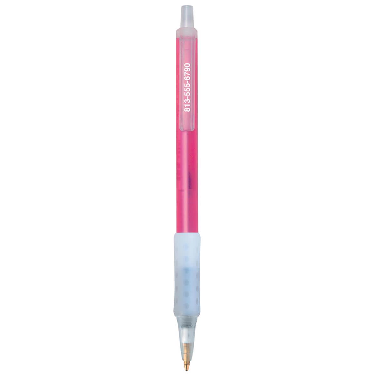 A pink Clic Stic Ice Grip pen with a clear barrel and a comfortable grip, featuring a branding logo.