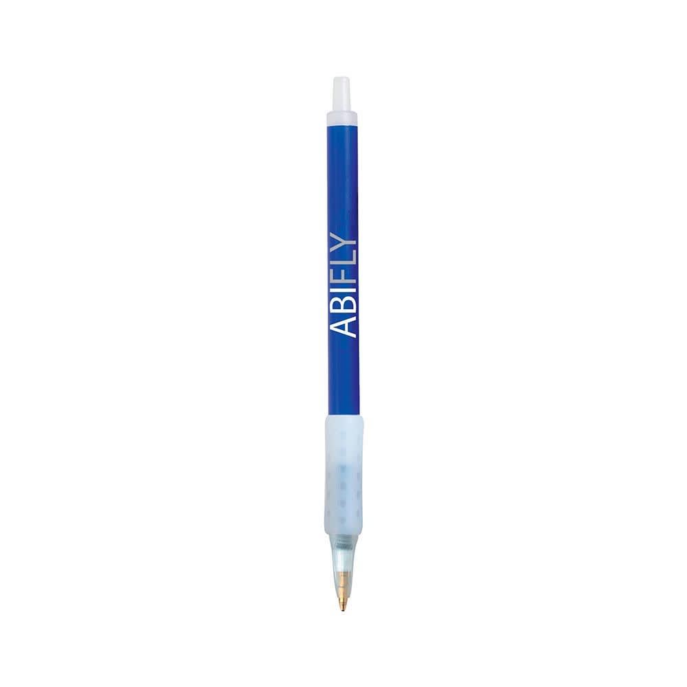 A blue plastic pen with a white grip and a brand logo on the barrel.