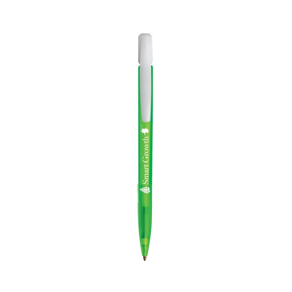 A green plastic pen with a white end and a logo printed on the barrel.