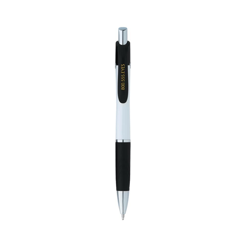 A sleek silver and black custom pen with a textured grip and a logo on the barrel.