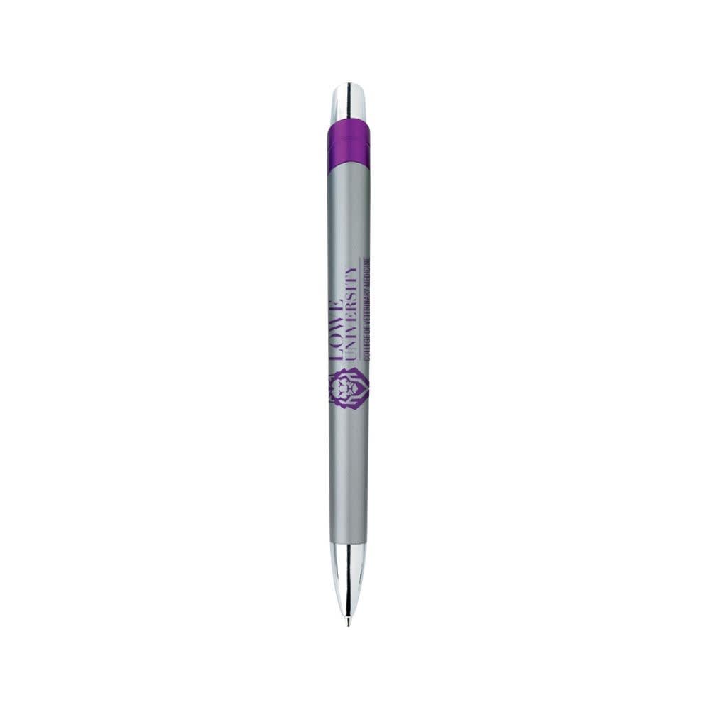 A silver and purple metal pen with a logo on the side.