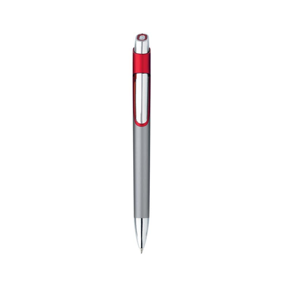 A silver metal pen with a red grip and trim, featuring a logo on its body.