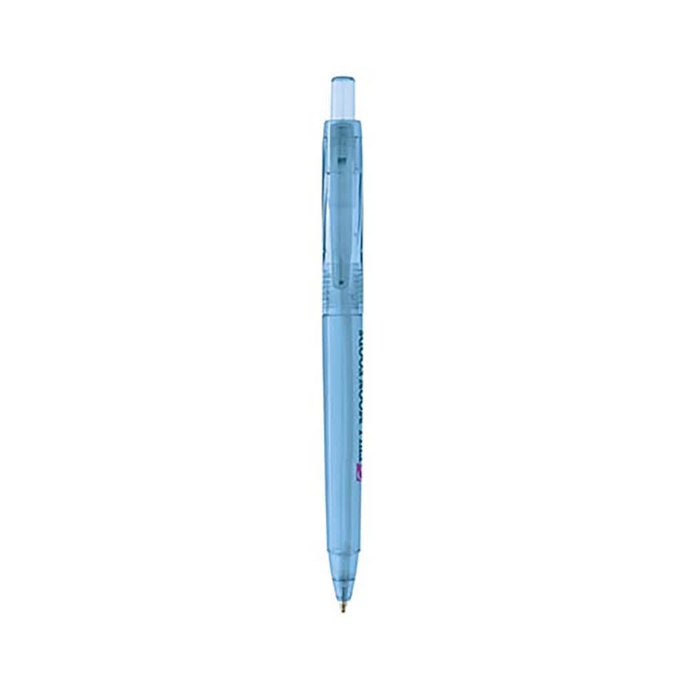 A blue eco mechanical pencil with a transparent body and an attached cap, featuring a logo on the side.