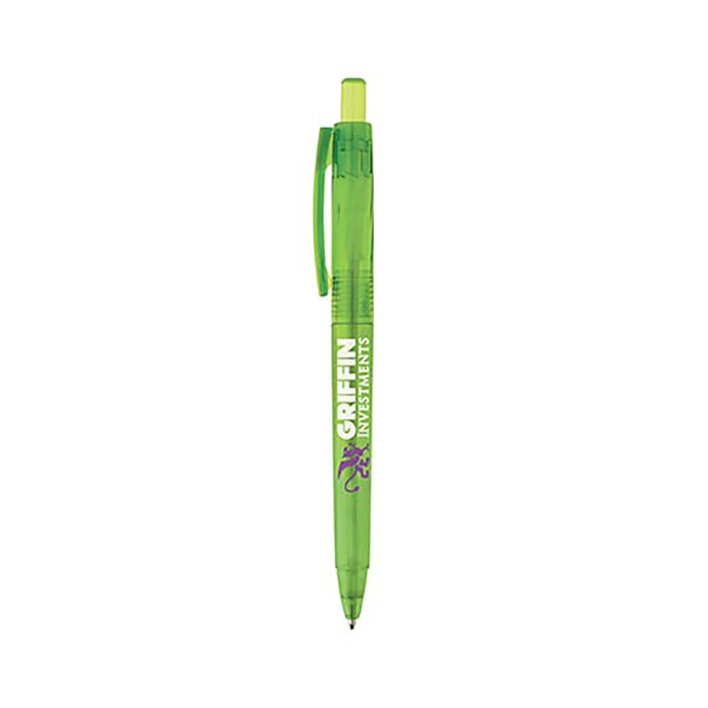 A green mechanical pencil with a transparent barrel and a clip. It features a logo on the side.