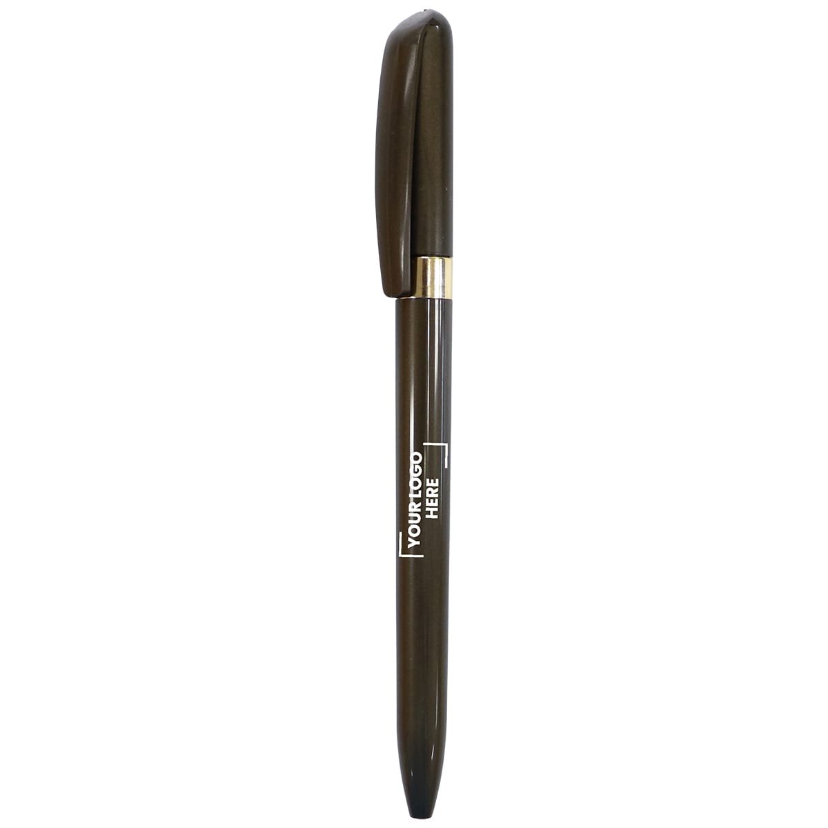 A metal pen in a dark green finish with a gold accent and a cap. It features a logo on the barrel.