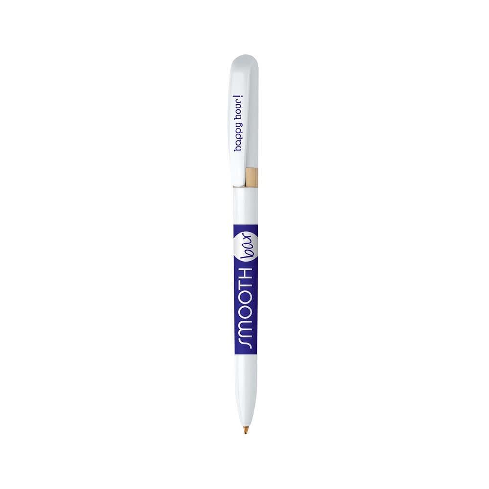 A white metal pen with a smooth finish and a branding logo on the side.