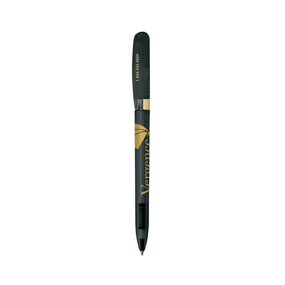 A green metal pen with a gold accents and branding, featuring a smooth design and a clip at the top.