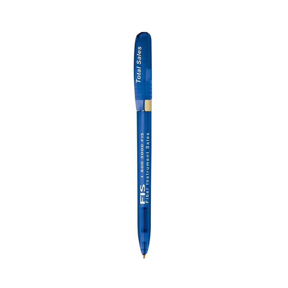 A blue metal pen with a transparent body and a gold clip. Features branding on the barrel.