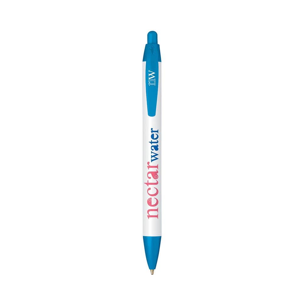 A blue and white pen with a logo and a click mechanism at the top.