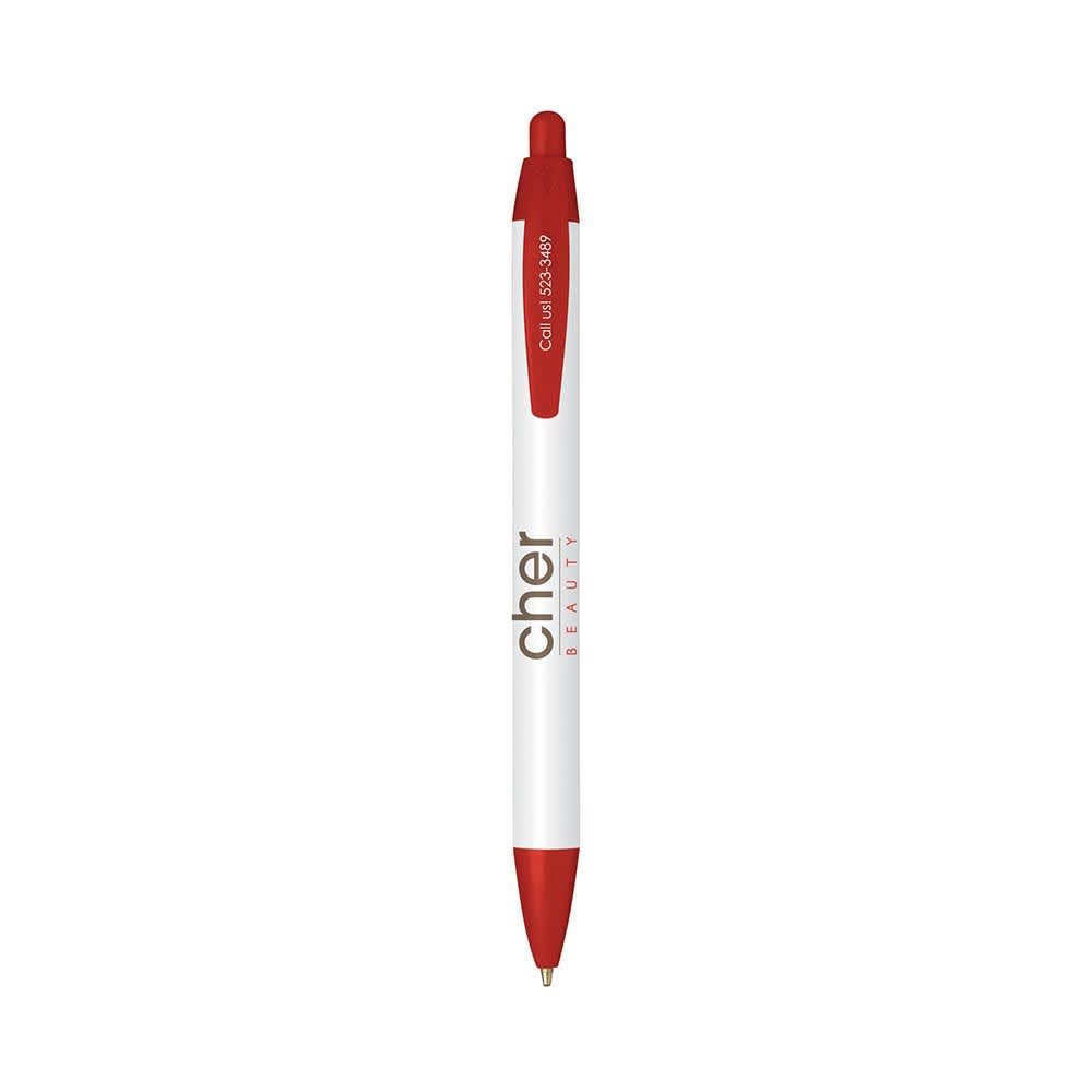 A widebody custom pen in white with red accents and a branding logo.