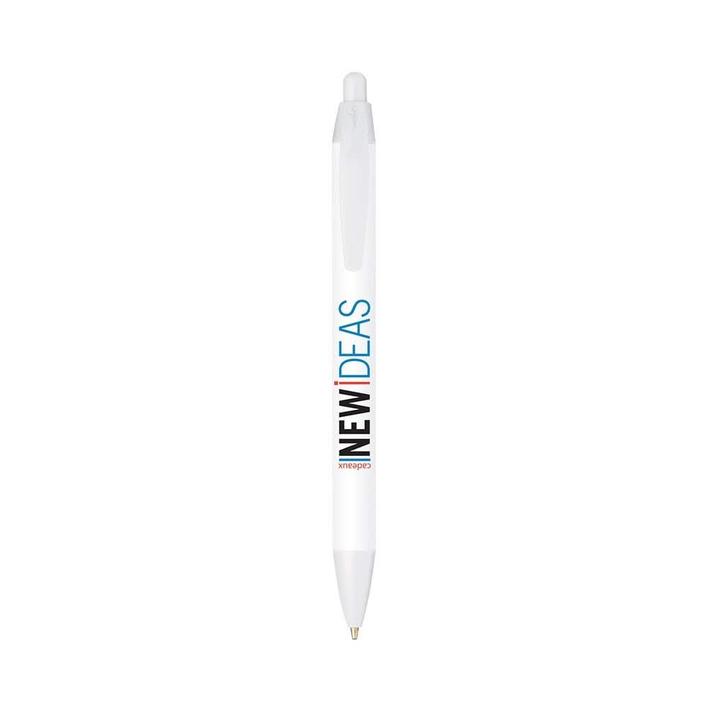 A white pen featuring a click mechanism, with a logo and text on its barrel.