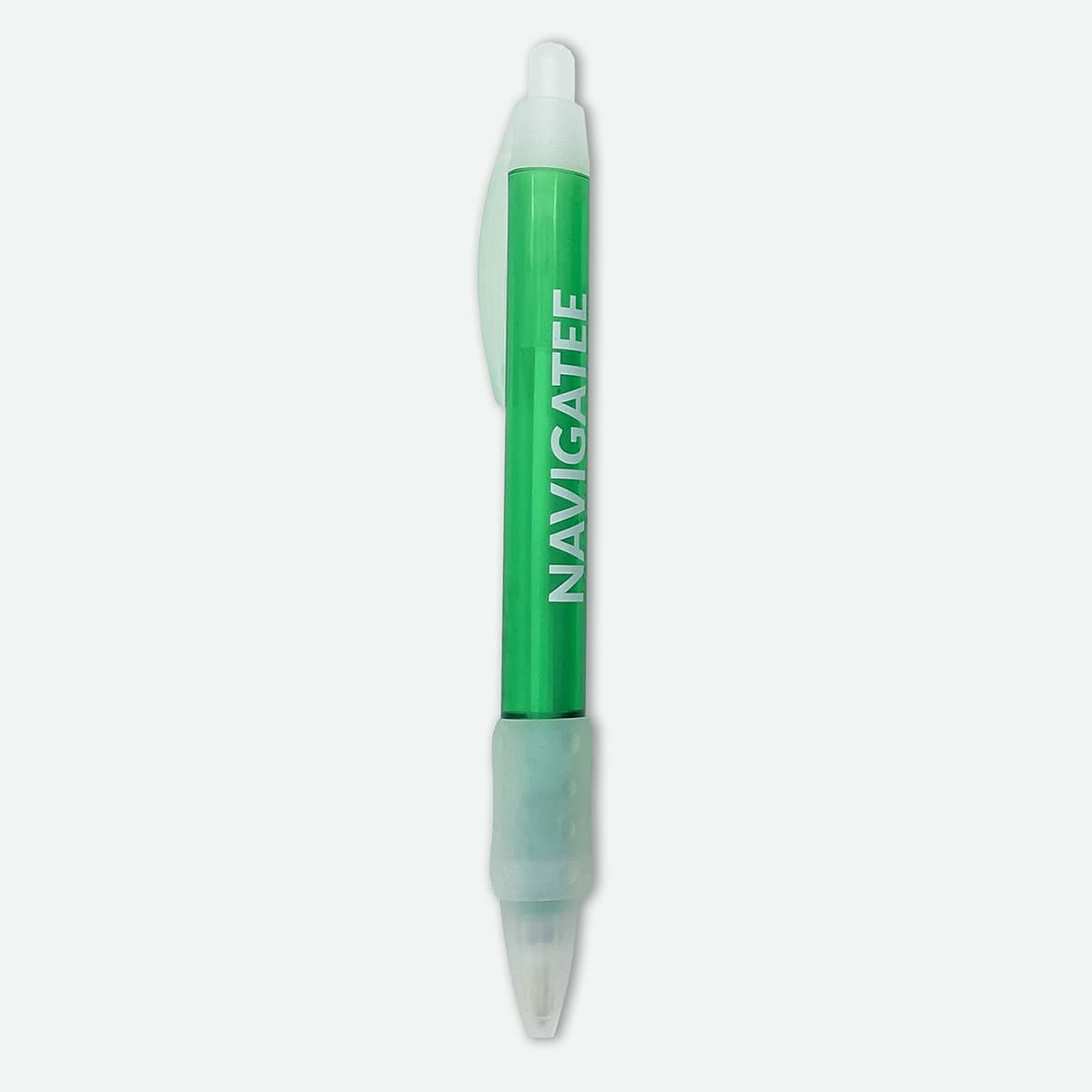 A green plastic pen with a clear tip and one visible branding logo.