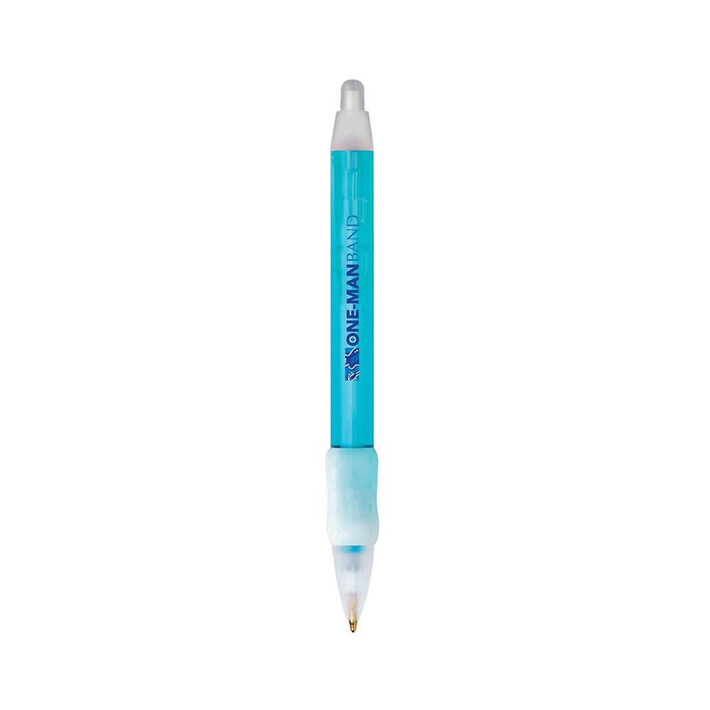 A widebody ice clear pen with a light blue barrel and grip, featuring a transparent top and a brand logo.